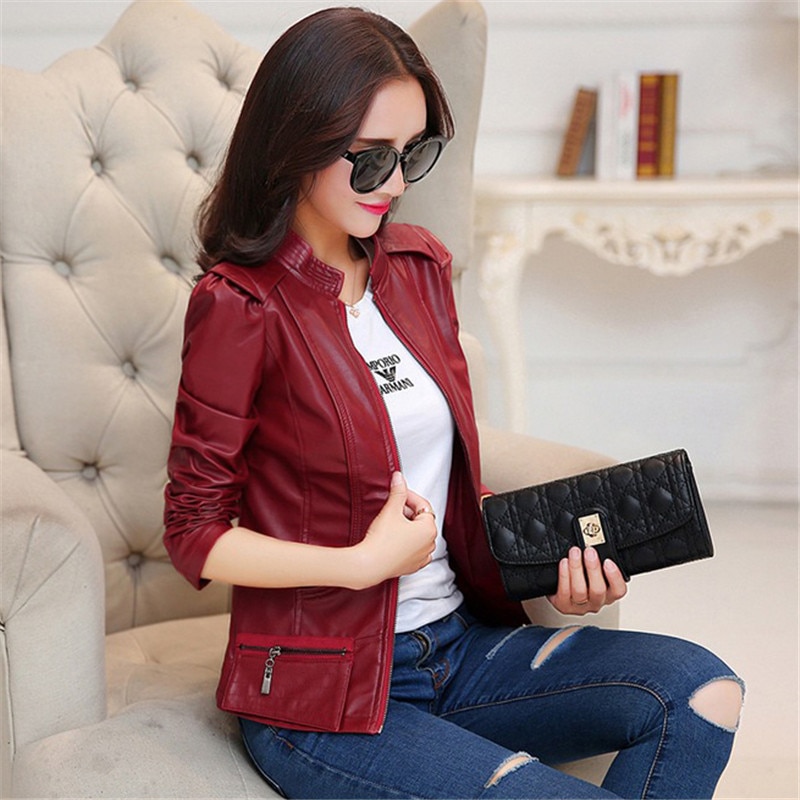 Faux leder jacke frauen wein verrotten schwarz – Grandado