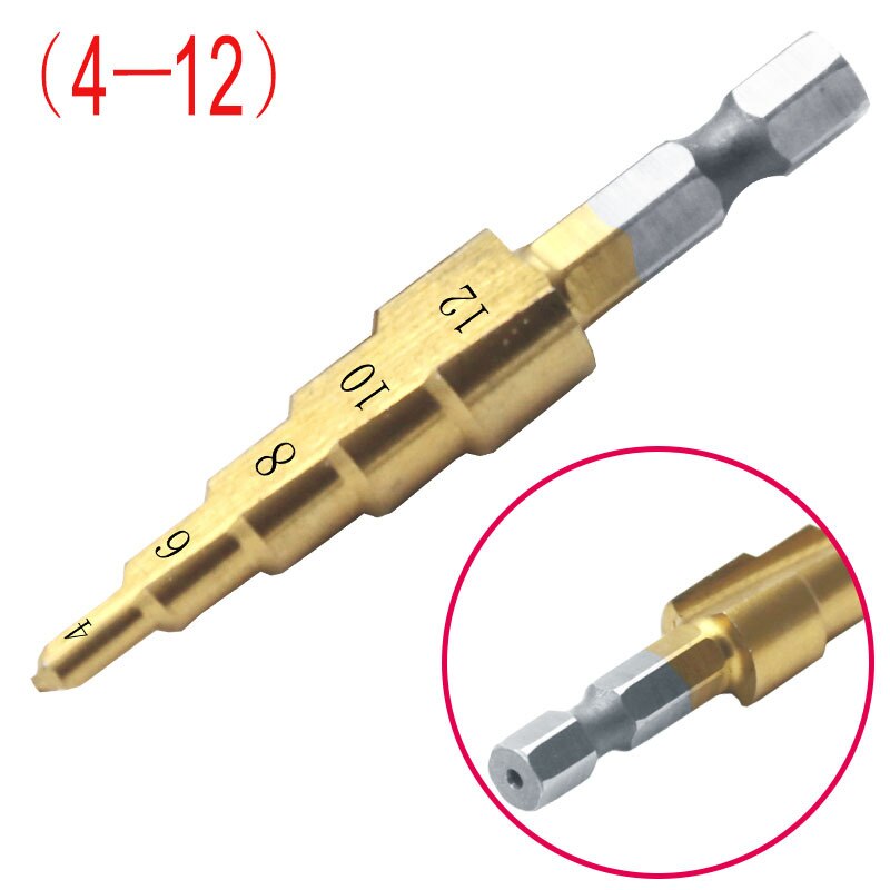 1pc Step Drill Bit Hss Titanium Coated Step Cone Metal Hole Cutter 4-12/20mm Metal Hex Tapered Drill Power Tools Accessories