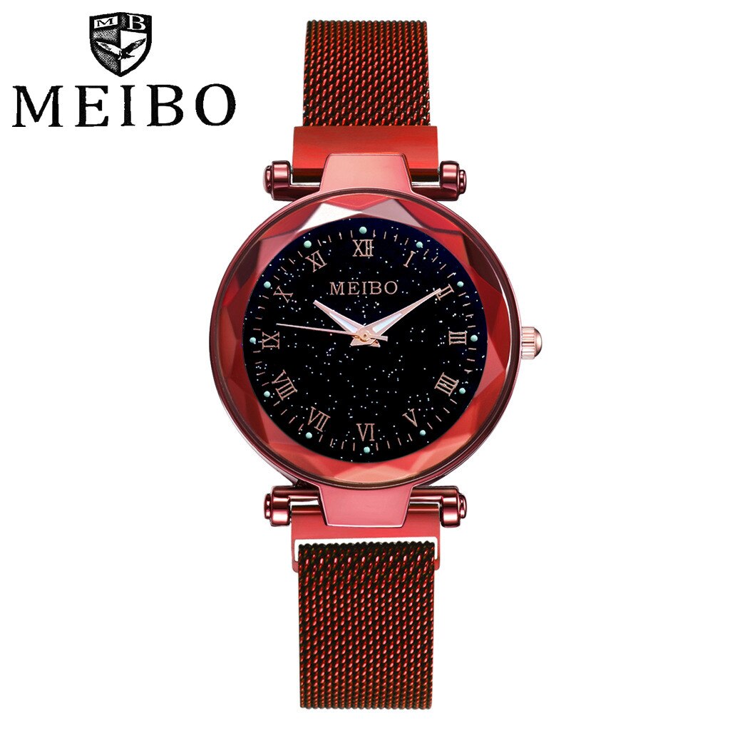Luxe Horloges Vrouwen Sterrenhemel Platte Glas Zegarek Quartz Horloge Klok Mujer Mesh Met Magnetische Gesp Dames Horloge: Rood