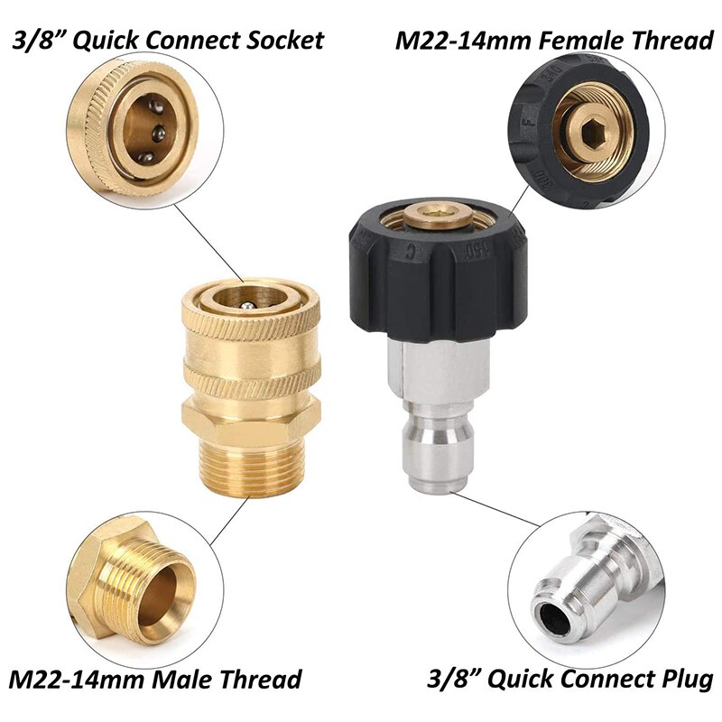 Pressure Washer Adapter Kit Quick Disconnect Kit M22 14mm Rotation to 3/8 Inch Quick Connect, 3/4 Inch Quick Disconnect