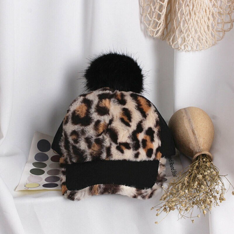 Leopard print baseball kasketter varm pom pom hat børn toddler baby pige vinter hat cap