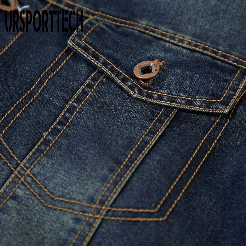 Ursporttech denim jakker mænd frakke mørkeblå casual teenagere denim jakke bomuld turn-down krave lange ærmer denim bomber jakker
