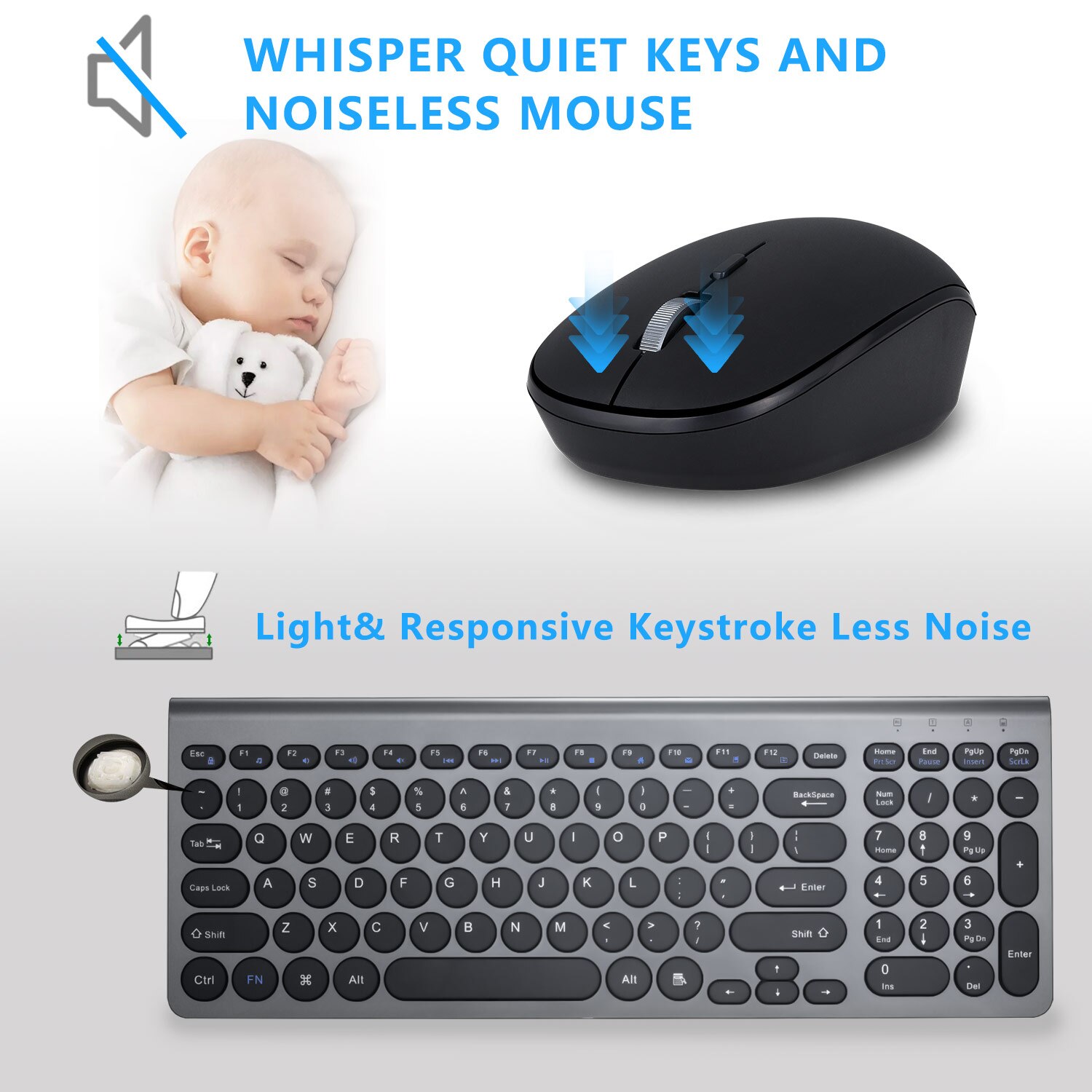 Wireless Keyboard and Mouse Combo, Compact Slim Full Size, Round Keycaps, Silent Mice, for PC, Laptop, Computer, Windows