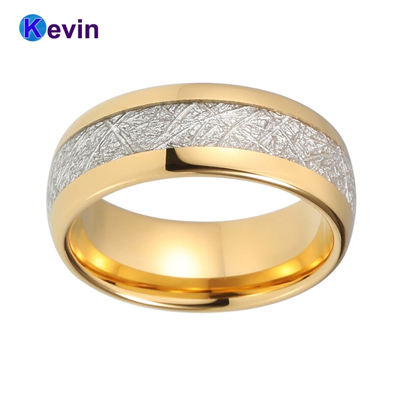 Gouden Ring Tungsten Wedding Band Met Witte Meteoriet Inlay Breedte 8mm