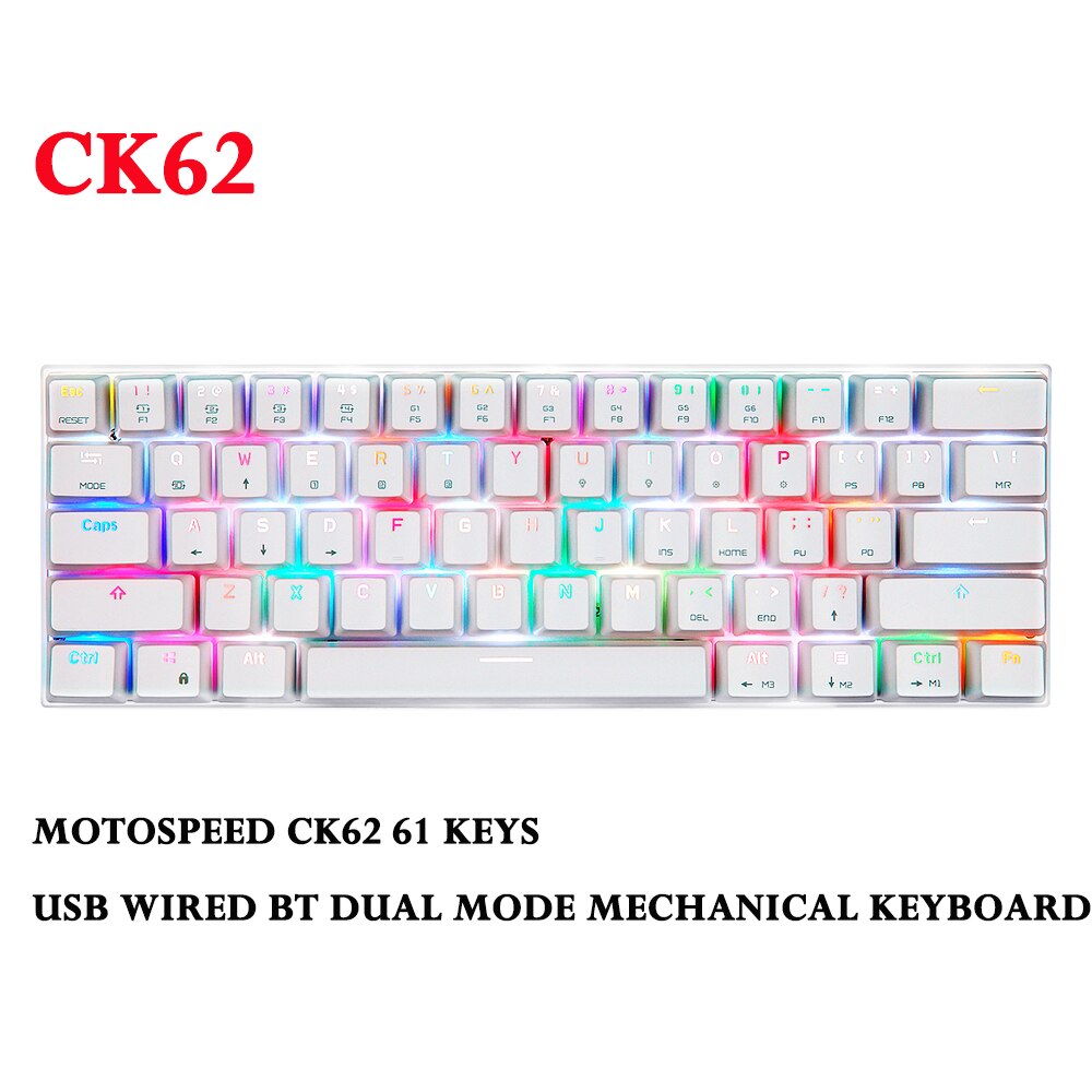 Motospeed CK62 61 Keys USB Wired BT Dual Mode Mechanical Keyboard with RGB light effects Gaming Keyboard for pc laptop computer: CK62 White / Blue Switch