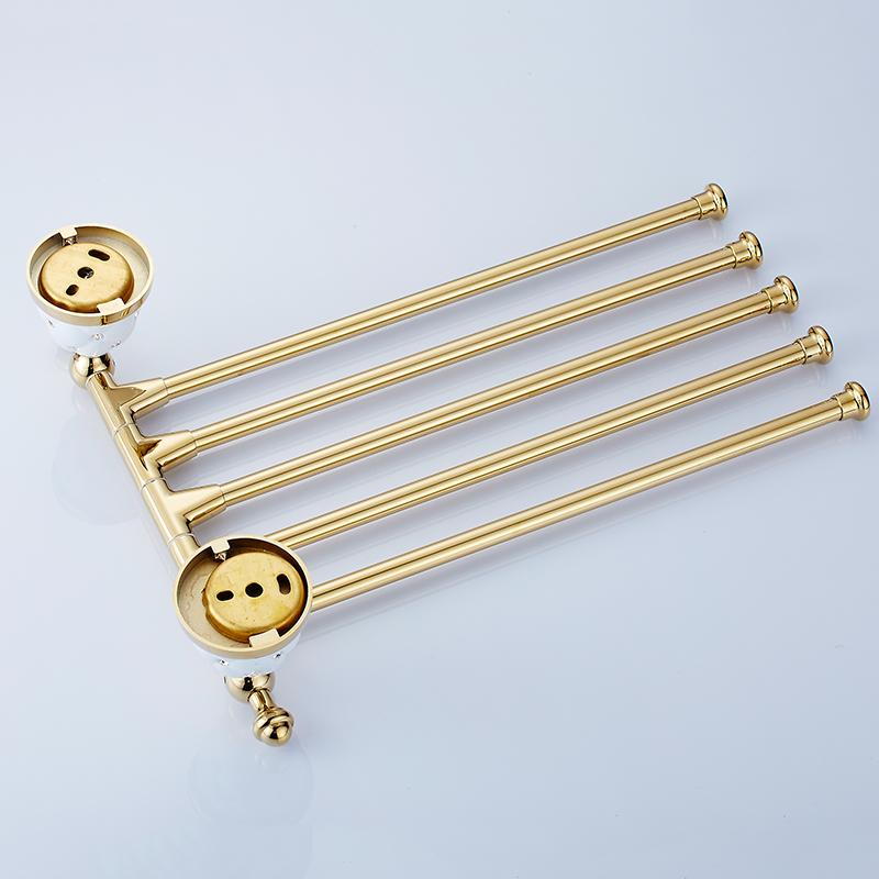 Handdoekrekken 4 verplaatsbare messing gouden roterende handdoekhouders wandmontage handdoekstang badkameraccessoires