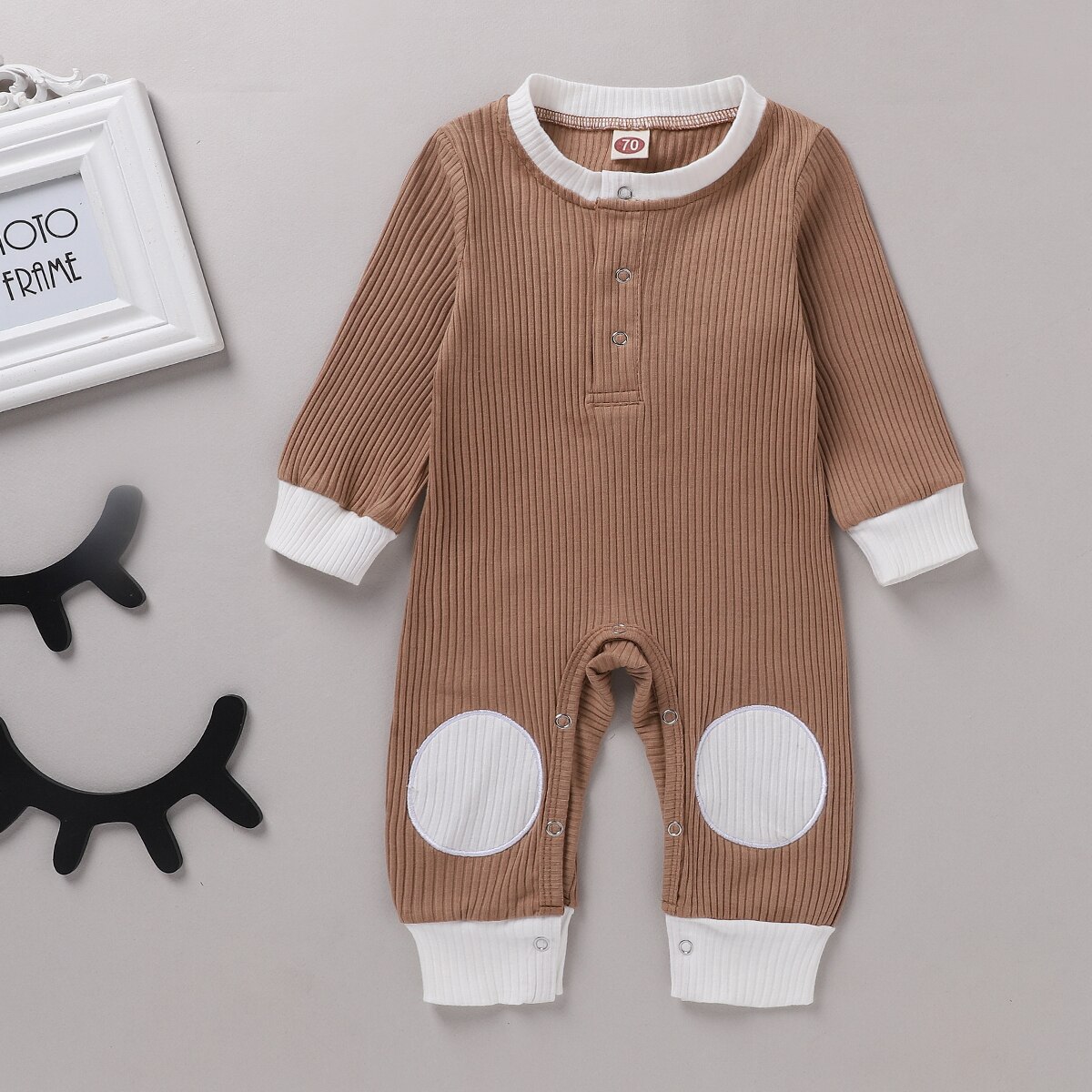 Mise au point automne bébé garçons barboteuse filles solide Patchwork manches longues bouton combinaisons 0-18M 4 couleurs