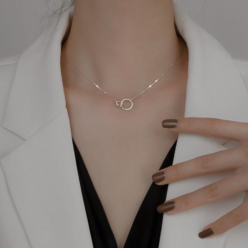 COLLARES DE CIRCONIA y colgantes minimalistas para mujer, de doble círculo redondo de Plata de Ley 925, de , Gargantilla, joyería para amantes: n1silver