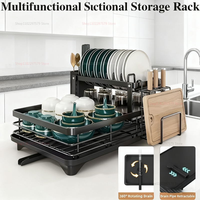 Dubbellaags schoteldroogrek Keukenorganizer met beker en komopslag Meerlaags afdruiprek voor aanrecht en keuken