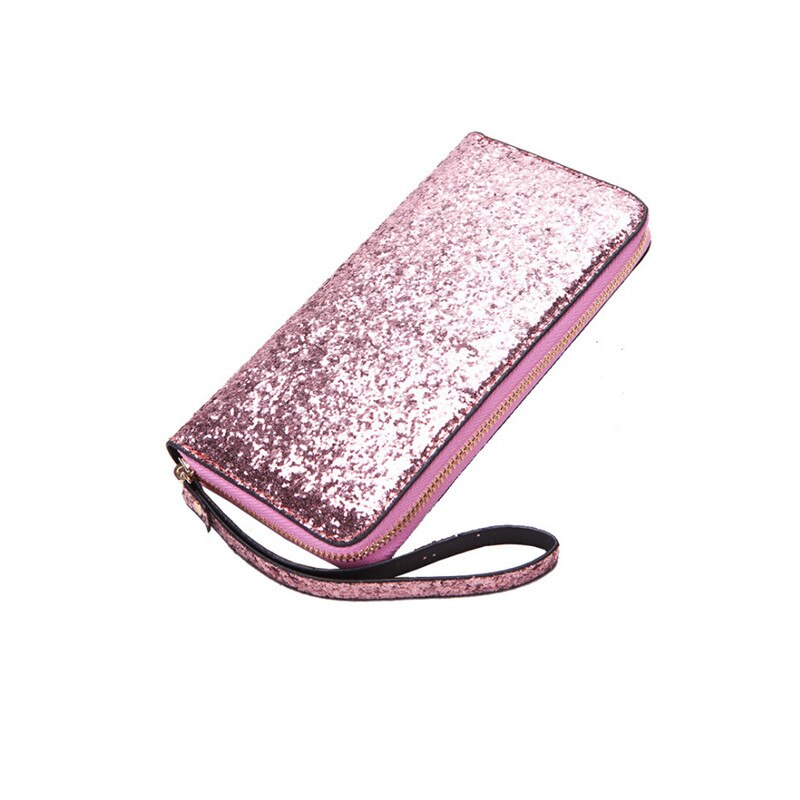 Moda legal lantejoulas carteira feminina carteira de mão longa brilhante bolsa de couro bolsa de armazenamento de cartão de crédito zíper glitter festa saco de armazenamento: Pink