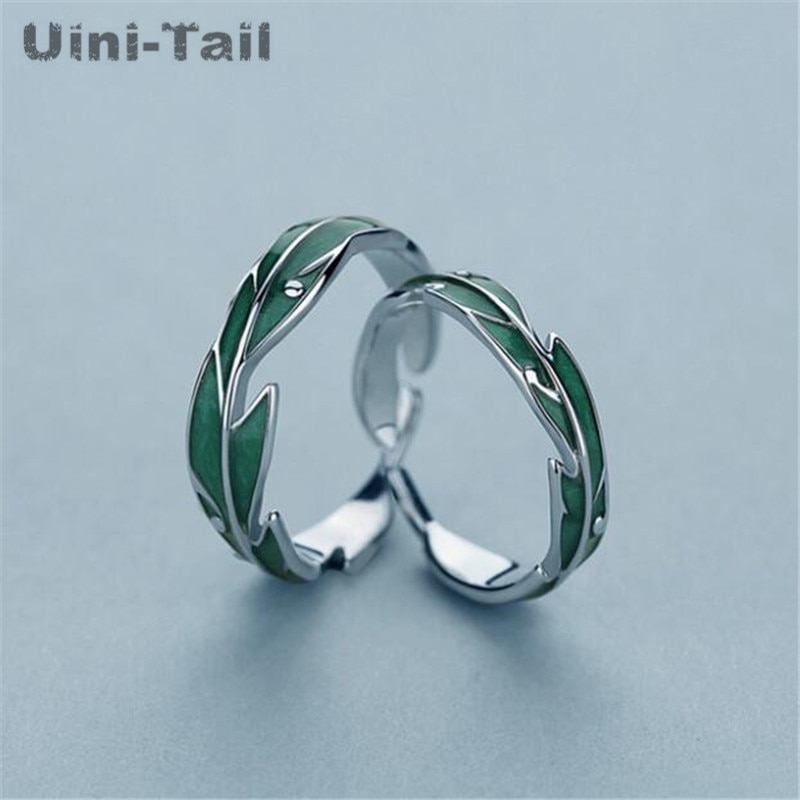 Uini-Tail Verkoop 925 Sterling Zilveren Groene Banaan Blad Paar Ring Niche Mode Persoonlijkheid Zoete