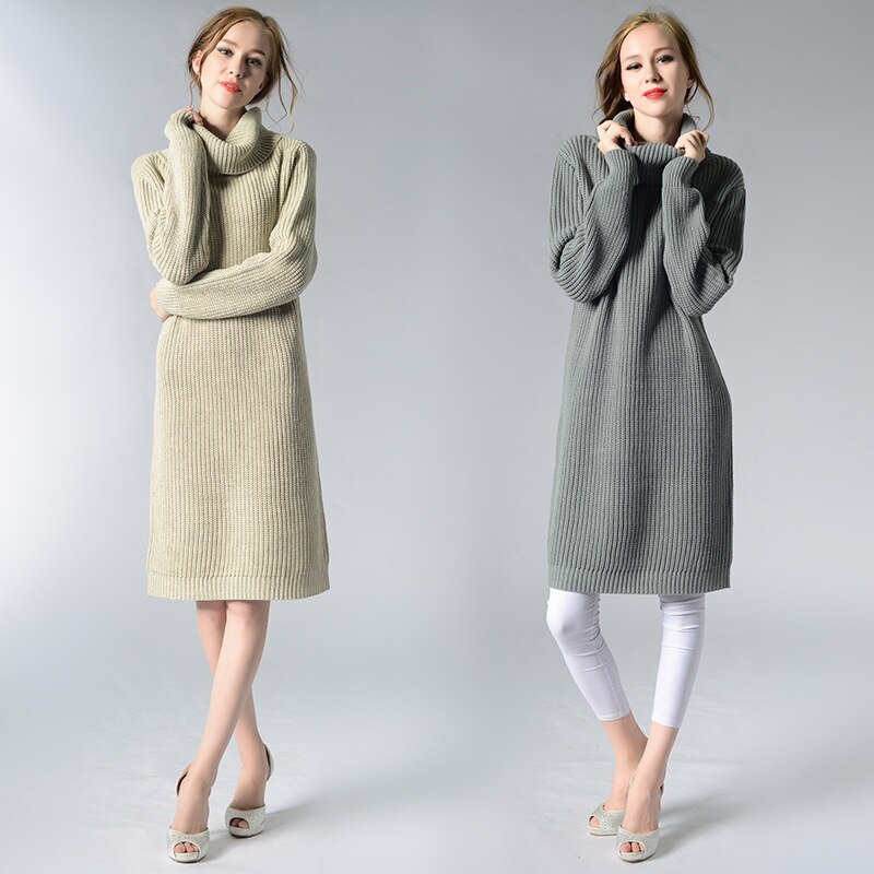 Hoffen nieuwkomers vrouwen lange trui jurk coltrui knielange losse winter gebreide jurken solid party vestidos kerst