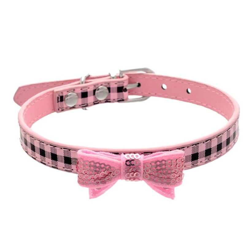 Transer Hond Levert Leuke Pu Leer Plaid Huisdieren Halsband Met Pailletten Strik Voor Kleine Honden 80124: pink / M