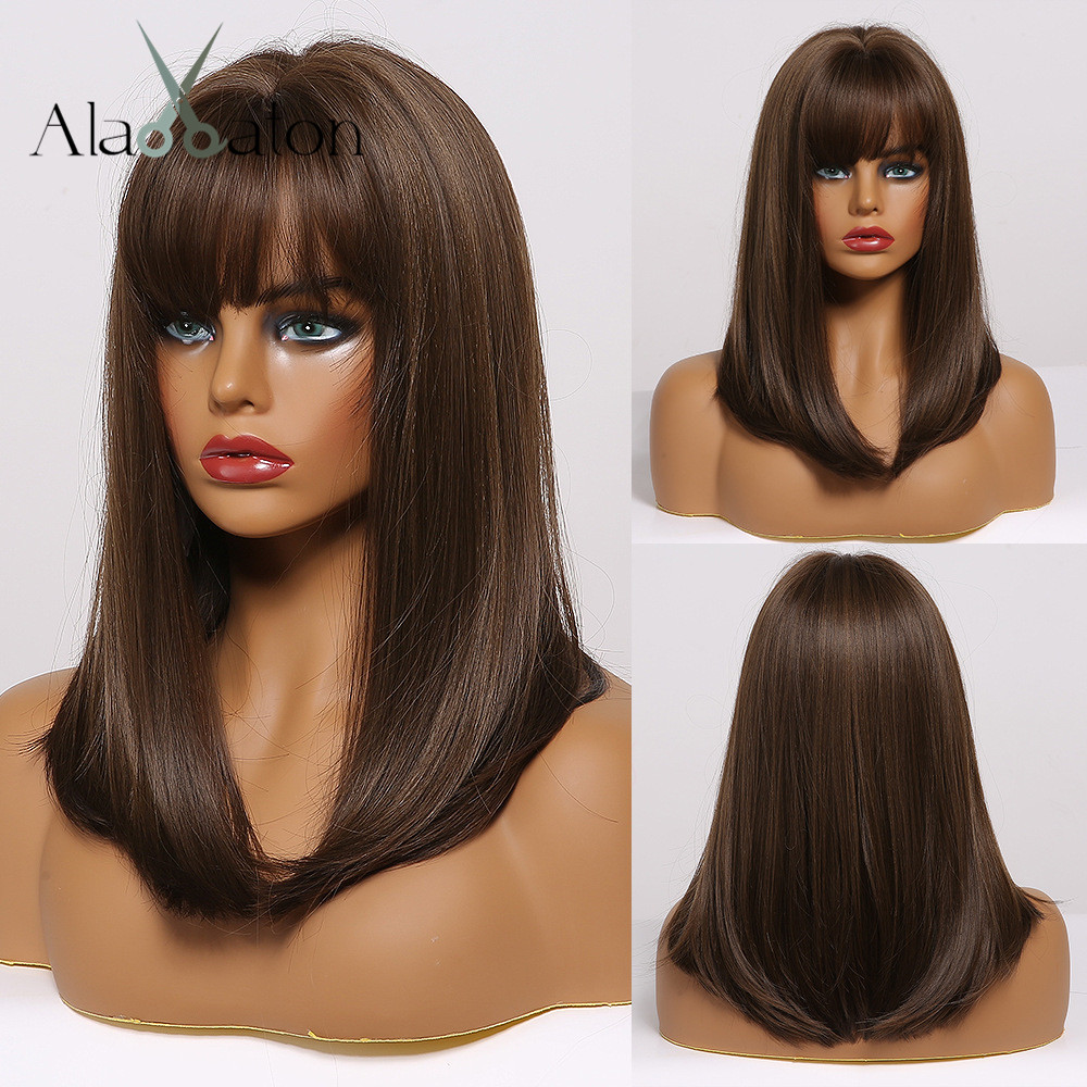 ALAN EATON Medium Bob Straight Hair Wig with Bangs Black Brown Synthetic Wigs with Highlights for Women African American Cosplay