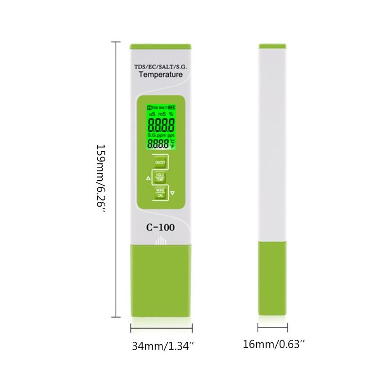 5 in 1 vanntester tds / ec / saltholdighet / sg / temperaturmåler for hjemmet, basseng