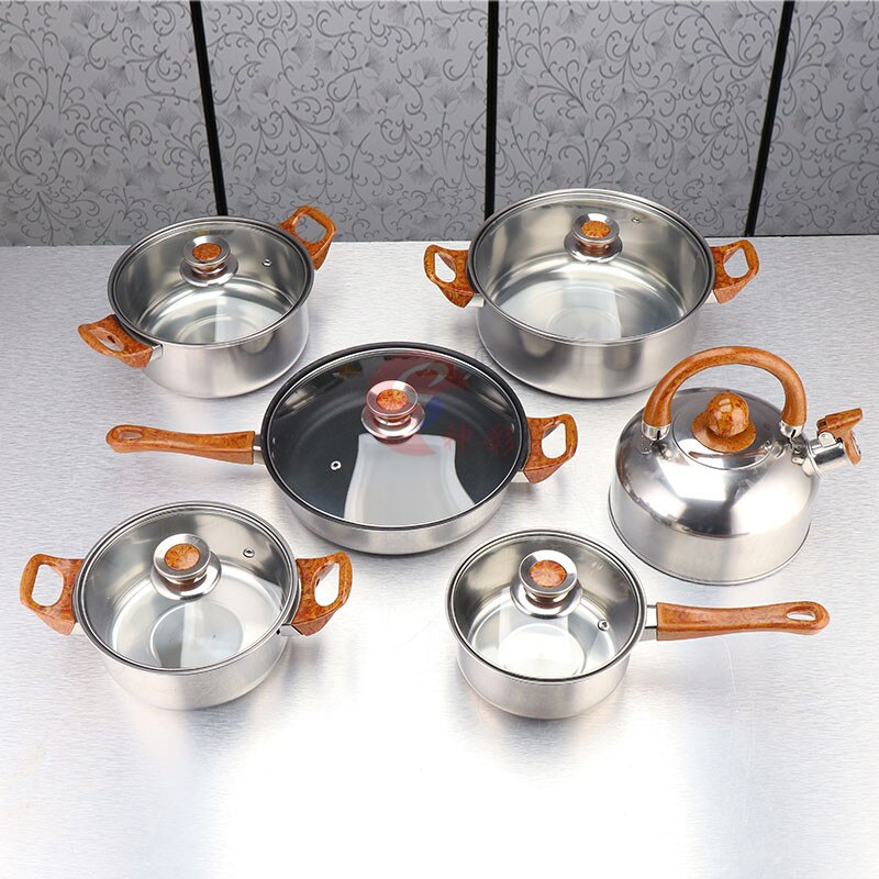 12 stk gryder pander induktion højkvalitets stegepande gryde inox sæt køkkengrej redskabssæt sikkert køkkenværktøj udvalgt hwc: Træhåndtag