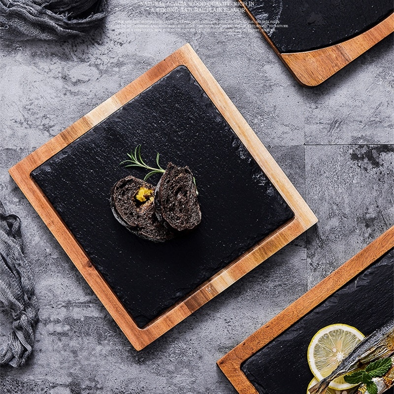 Natural Wood Steak Serving Plates With Slate Stone Charcuterie Board Sushi Dessert Plate BBQ Grill Meat Fish Food Serving Tray