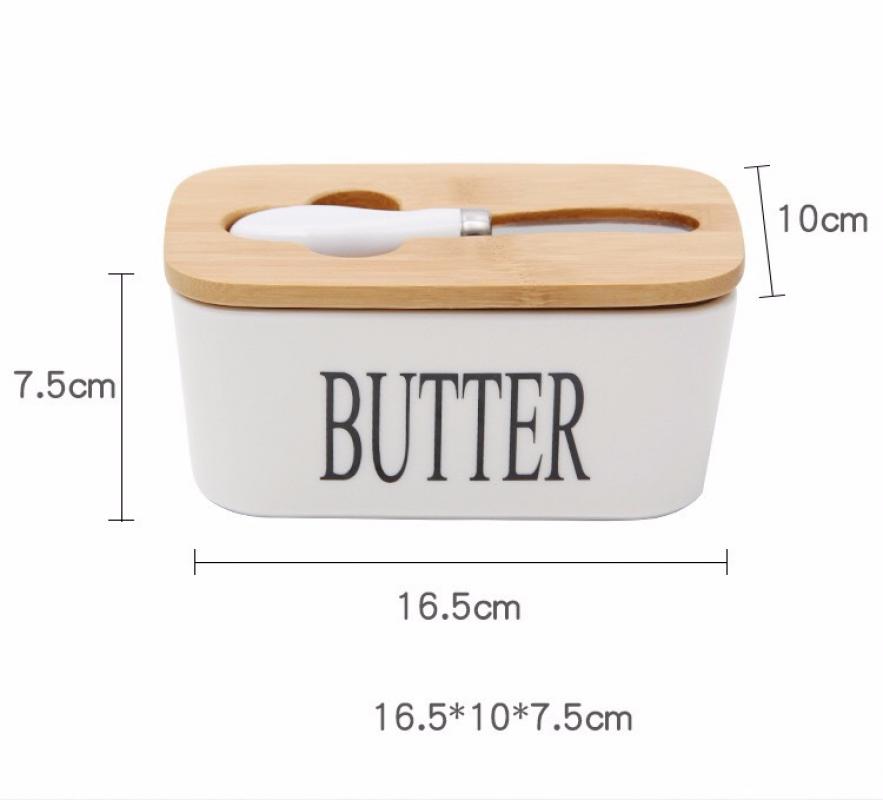 Pot de rangement en céramique Style nordique, boîte à beurre avec couvercle en bois, ensemble de couteaux, lettre plateau de stockage de fromage, boîte de récipient de plat à beurre: 2