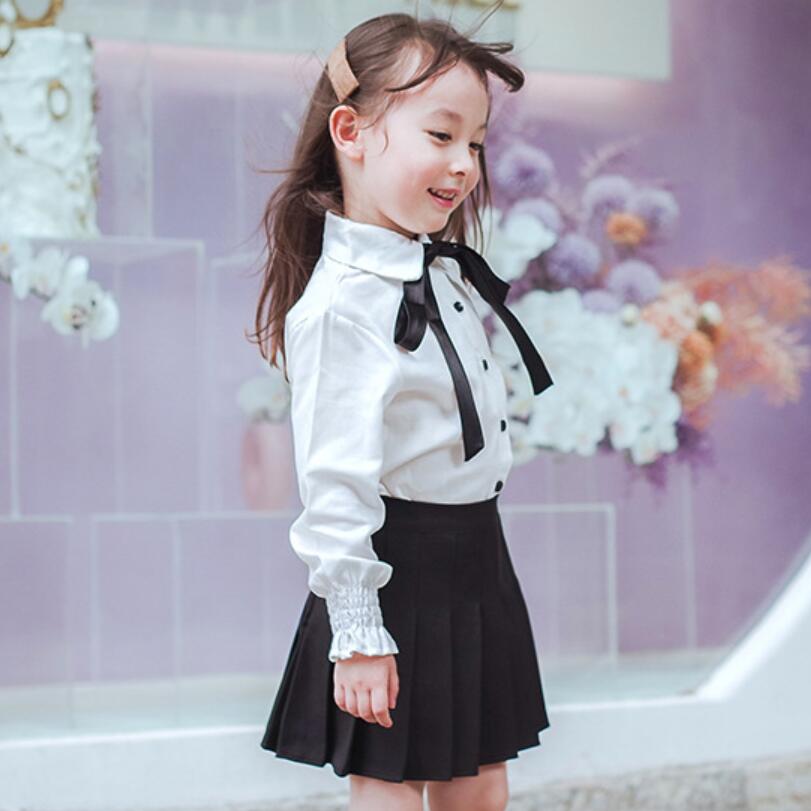 Peuter Teen School Meisjes Blouse Witte Lange Mouw Boog Turn-Down Kraag Lente Herfst Kids Tops Shirts Voor Meisjes kinderen Kleding