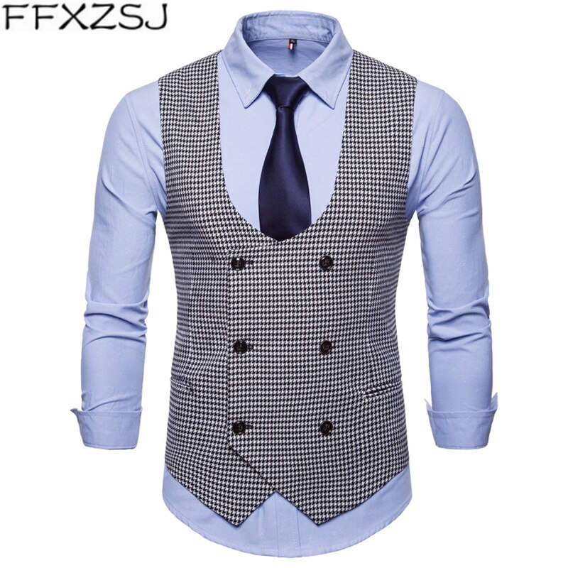FFXZSJ 2019 wiosna jesień kamizelka męska Vintage kamizelka mężczyźni garnitur kamizelka w kształcie litery U kołnierz Houndstooth męska kamizelka okazjonalna odzież męska: black / 4xl