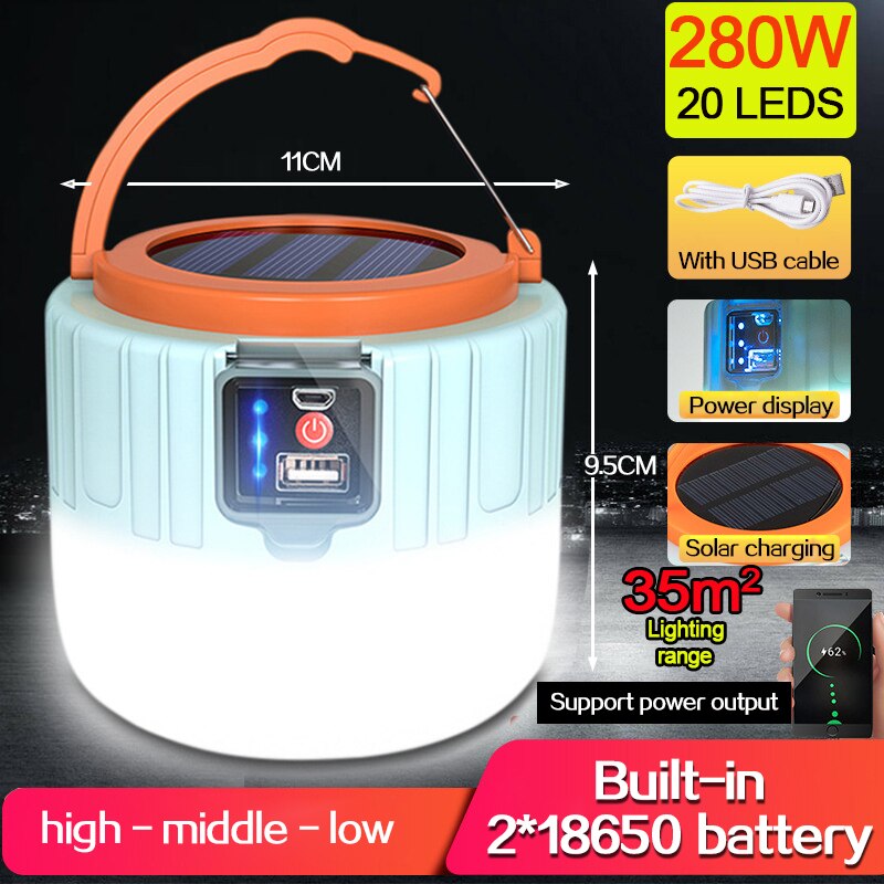 Luz LED Solar para acampada, Bombilla recargable por USB de 300W para tienda de campaña al aire libre, linternas portátiles, luces de emergencia para barbacoa y senderismo: Type C