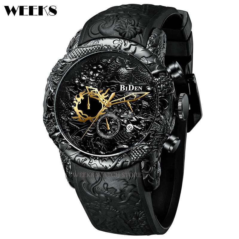 Montre de luxe en forme de Dragon noir et or pour hommes, montre à Quartz, style Hip Hop, étanche, créative: 07 with calendar