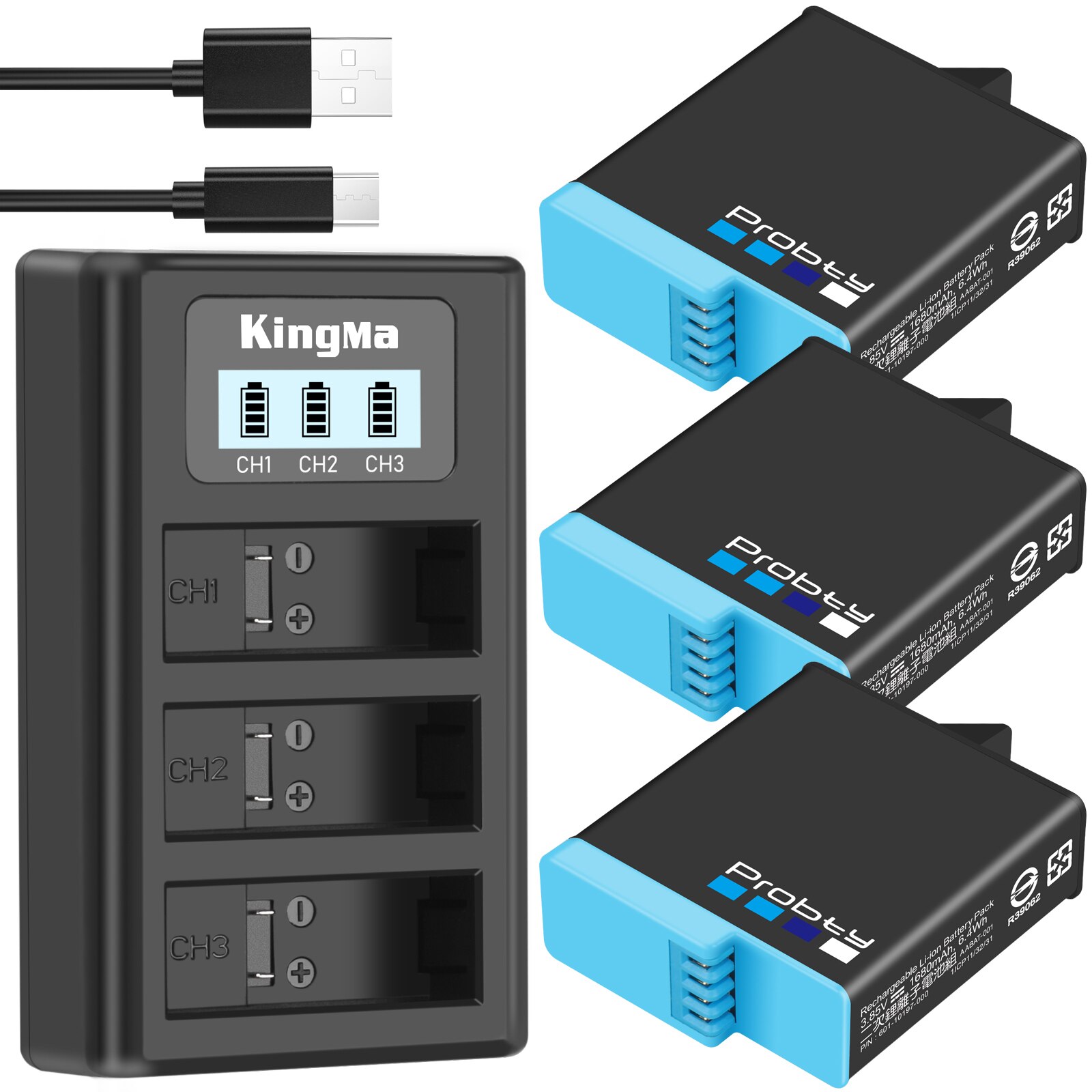 Original probty til gopro hero 8 hero 7 hero 6 batteri bateria akku til gopro hero 6 7 8 sort kamera batteri: 3 batterier med oplader