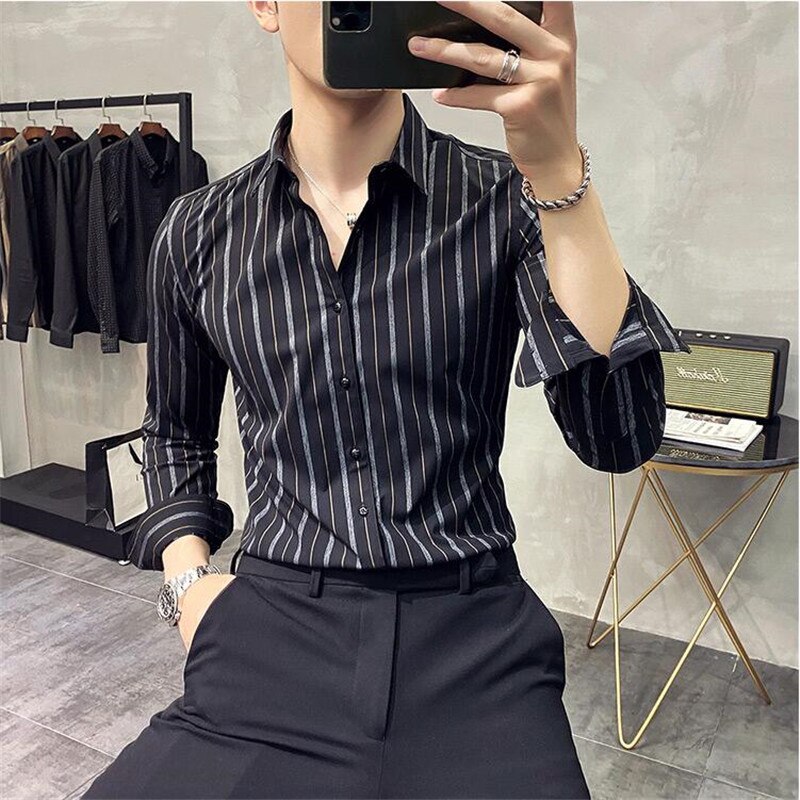 automne chemises hommes robe rayure verticale Streetwear mince hommes Chemise d'affaires décontracté à manches longues Chemise Homme smoking Chemise: Black / Korea M 48-55kg