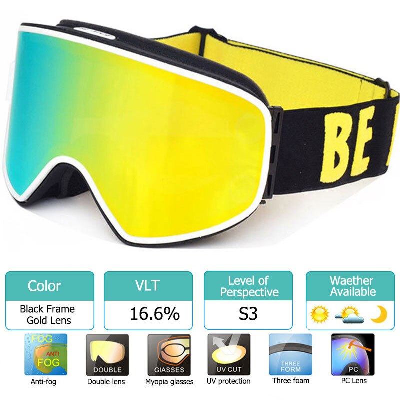 Ski Goggles 2 in 1 with Magnetic Dual-use Lens for Night Skiing Anti-fog UV400 Snowboard Goggles Men Women Ski Glasses: Black Gold