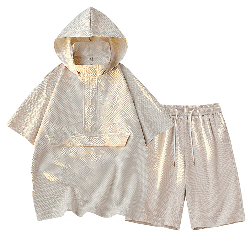 Sommer t-shirt shorts sæt til mænd trendy mærke hættetrøje korte ærmer løs pullover halv lynlås todelt hurtigttørrende tynd: M / Beige