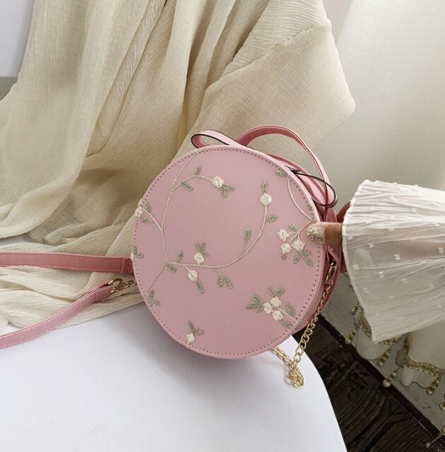 Zoete Kant Ronde Handtassen Pu Leer Vrouwen Crossbody Tassen Vrouwelijke Mode Kleine Verse Bloem Keten Schoudertas: Roze