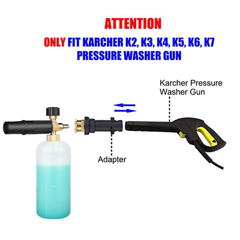 Lanza de espuma de nieve de 1L para Karcher K2 K3 K4 K5 K6 K7, lavadoras a presión para coche, generador de espuma de jabón con boquilla de pulverizador ajustable, GI/4