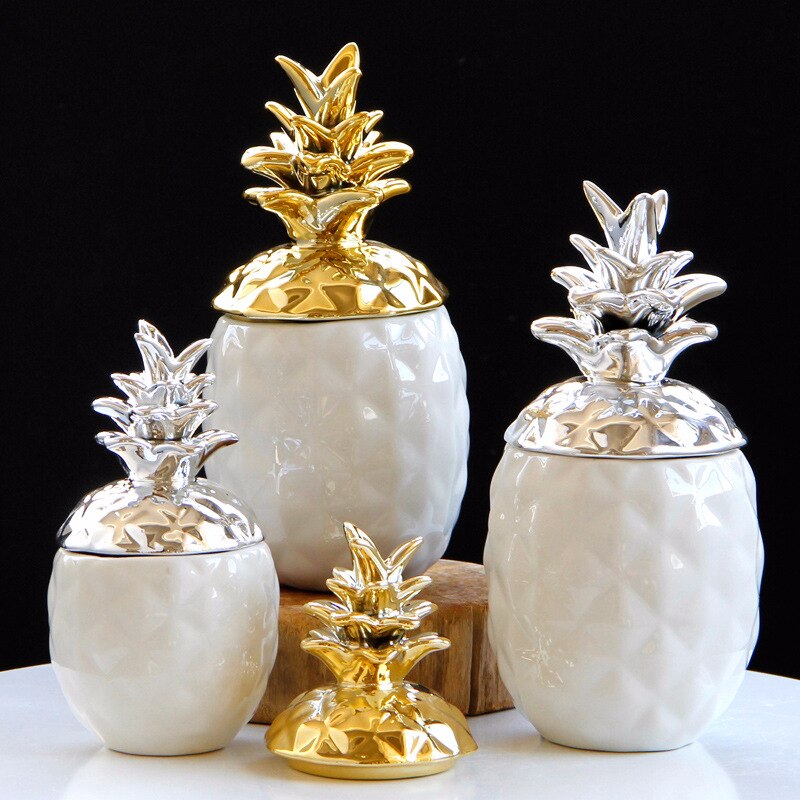 Keramisk ananas lagringstank vit/gyllene burk godislåda för smycken figurer frukthantverk prydnader för hemmakontor