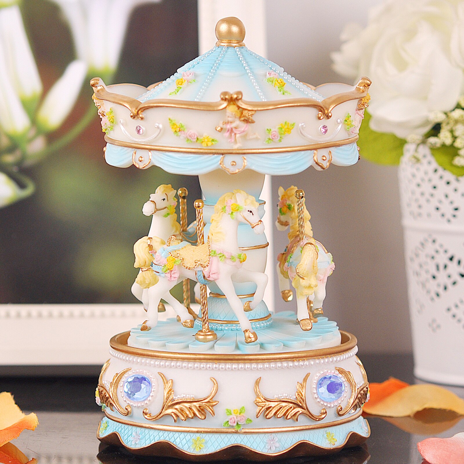 Colorful LED Merry-go-round Musical Box Toys Carousel Clockwork Music Box for Girlfriend Kids Children Christmas Festival: Blue