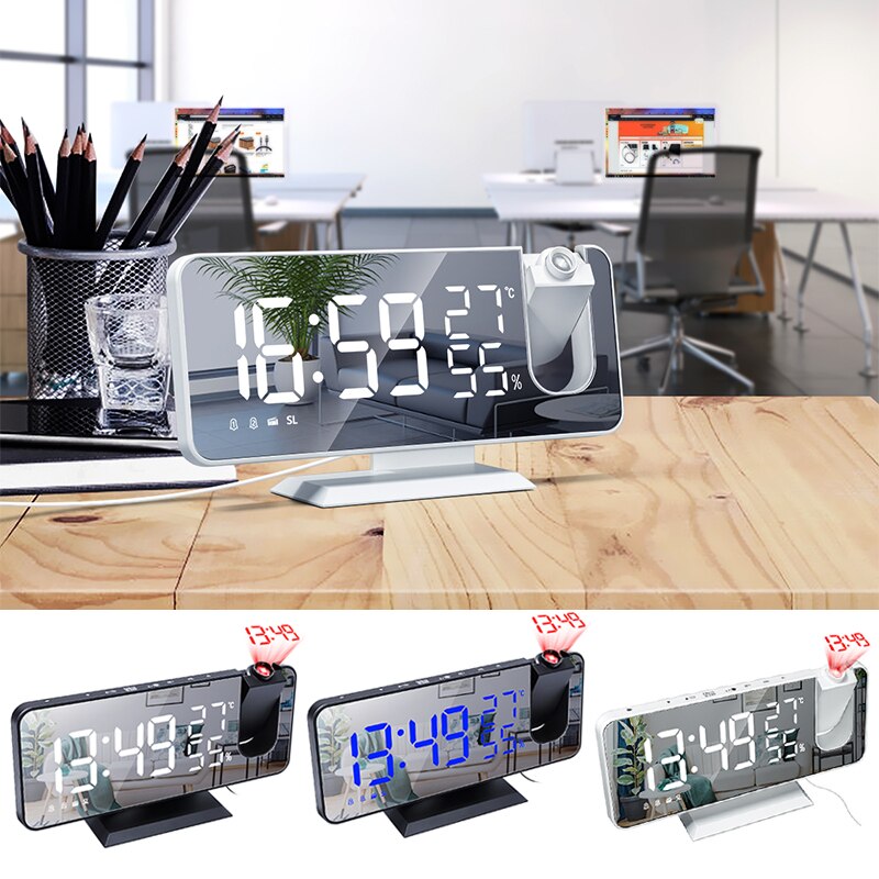Reloj Digital de despertador con efecto espejo y luz LED para mesilla de noche y dormitorio, Despertador con USB, Radio FM, proyector de tiempo, reloj para mesilla de noche y dormitorio