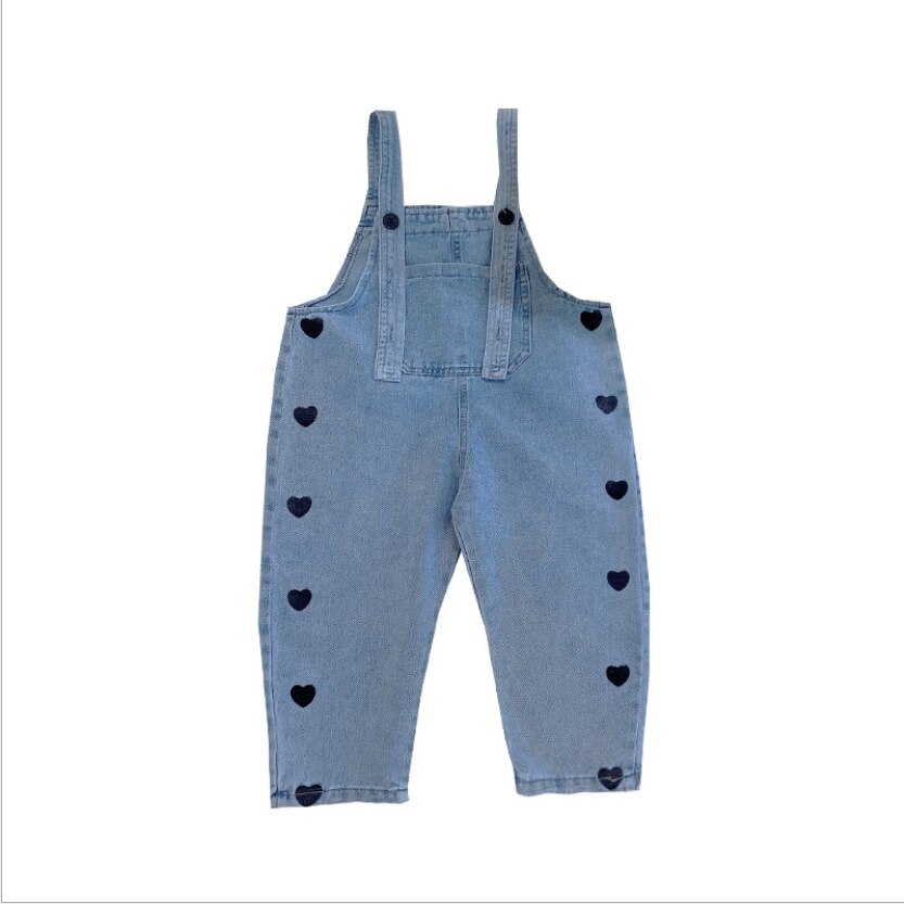 Salopette en jean ample avec imprimé cœur noir pour filles, salopette décontractée à bretelles, douce et assortie, pour enfants de 1 à 6 ans, printemps automne: 5T