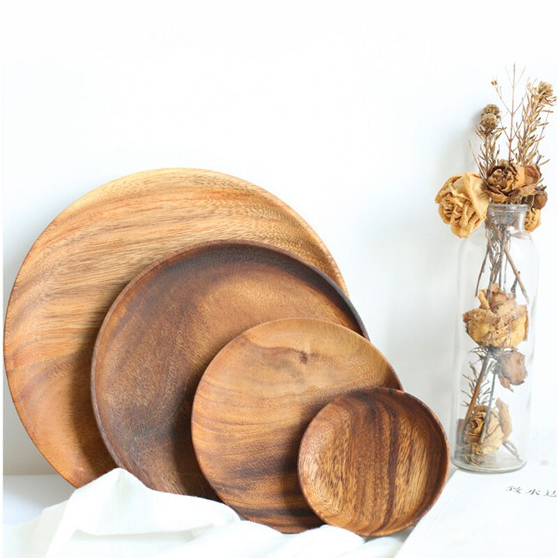 Ronde Massief Houten Plaat Hele Acacia Hout Fruit Gerechten Houten Schotel Thee Dienblad Dessert Diner Ontbijt Plaat Keuken Servies