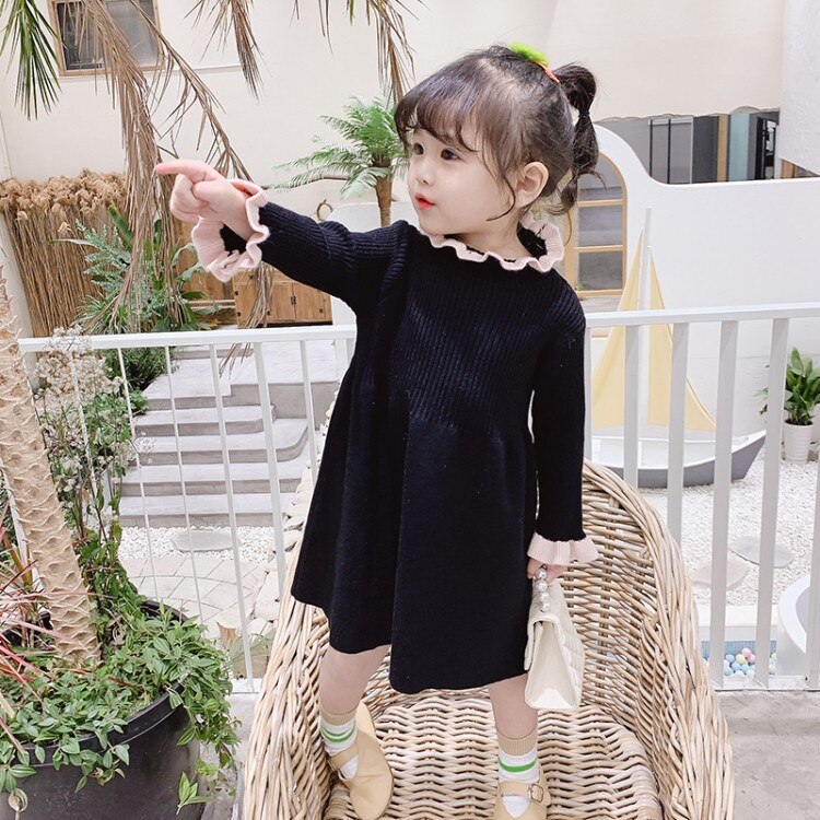 Piger sweatere kjole teenagere outfits jumper tøj flæse rullekrave hæklet sweater børn vinter varm pige sweater 10 12 14 år: Sort / 4t