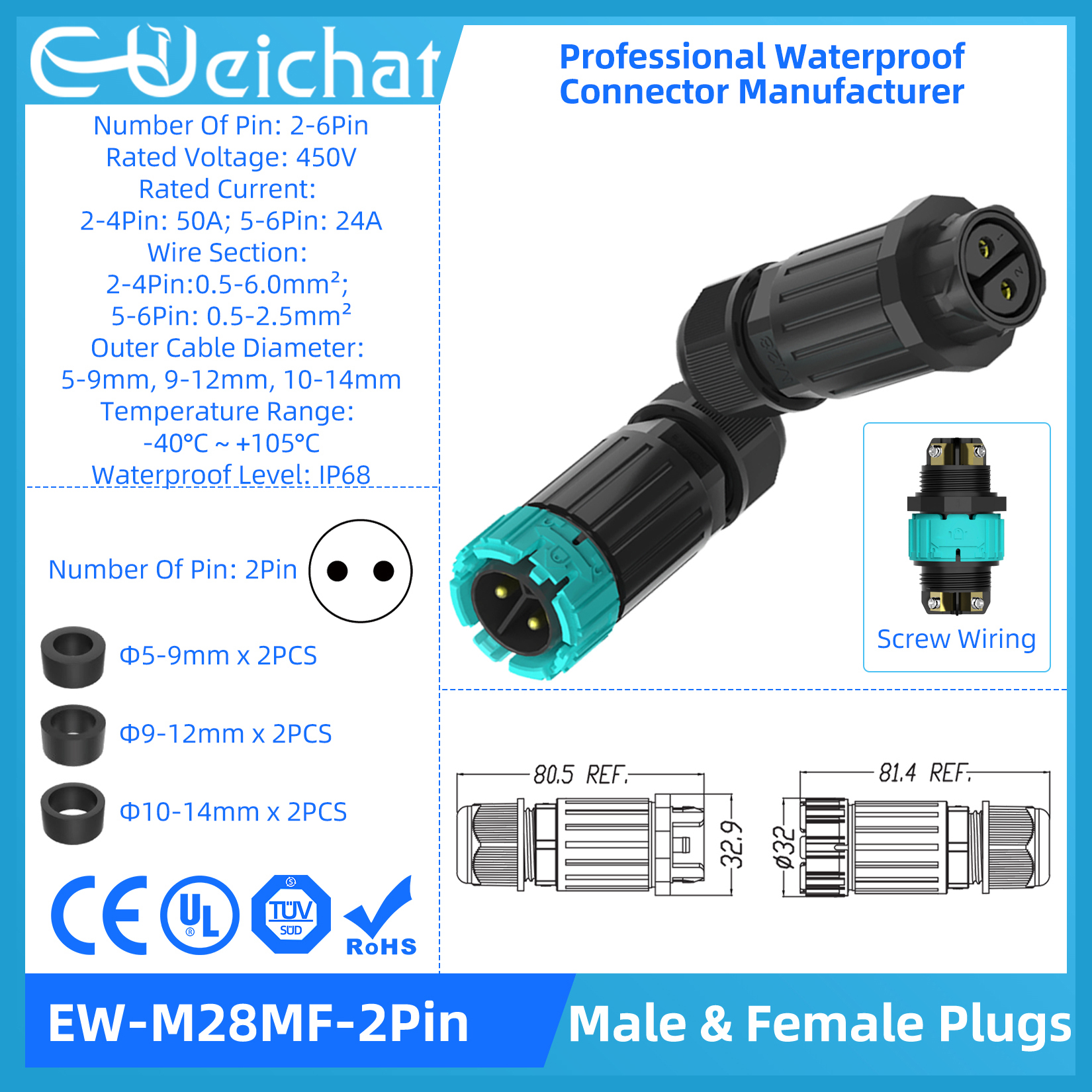 Conector eléctrico Circular de aviación, conector a prueba de agua IP68, desbloqueo rotativo, Serie de enchufe macho y hembra, M15-M28: Rojo