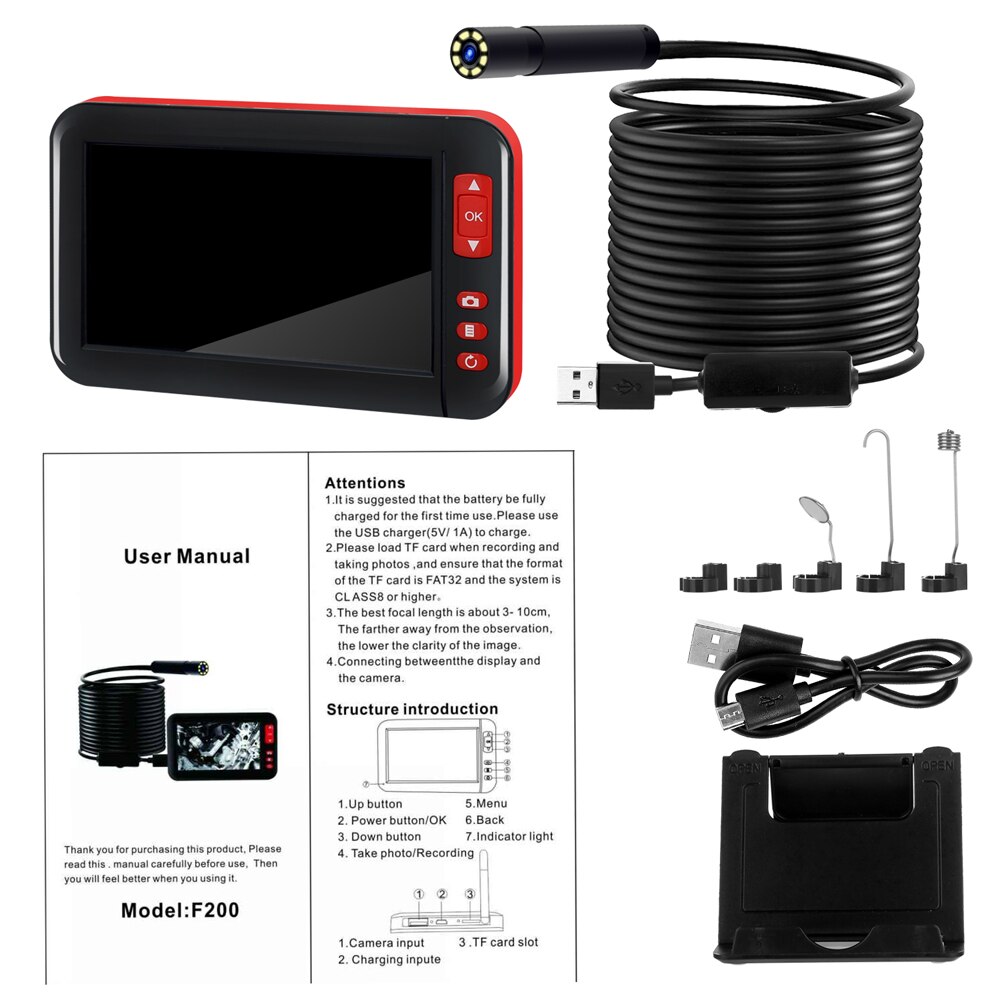 F200 4,3 pulgadas impermeable endoscopio casero Industrial 1080P pantalla de visualización con 8 brillo ajustable luz LED