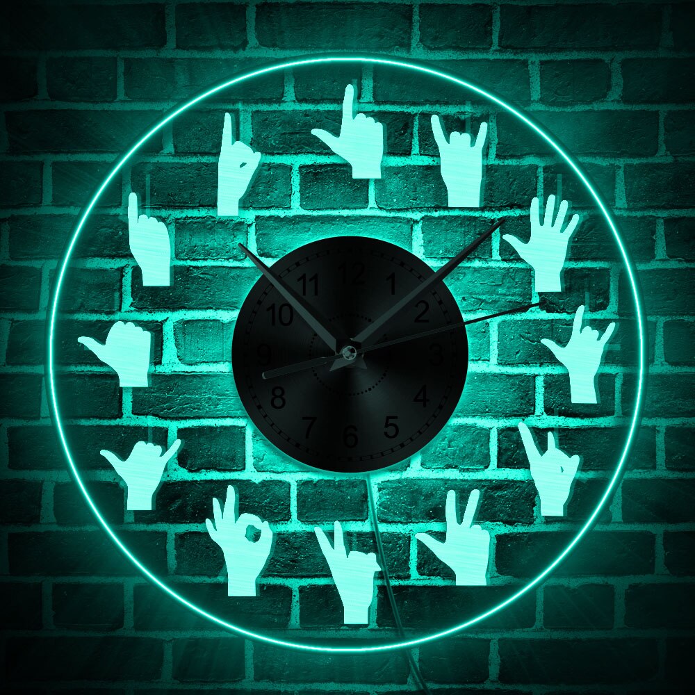 Hand Signs LED Neon Wall Clock Acrylic LED Edge Lit Hanging Wall Watch Hand Gestures Vintage Illuminated Wall Clock