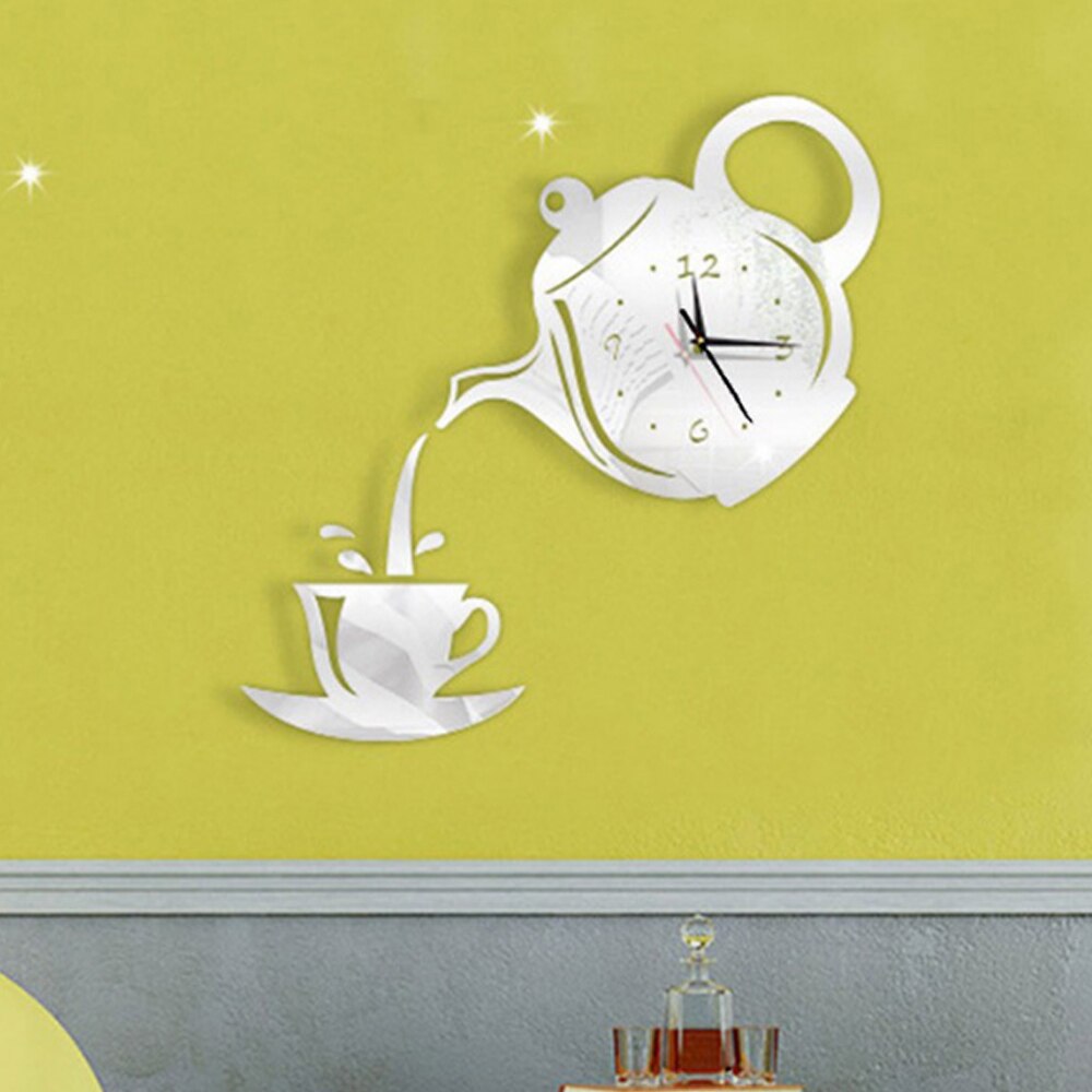 Diy Acrylic Coffee Cup Teapot 3D Mirror Wall Clock Decorative Kitchen Wall Clocks Living Room Home Decor Clock