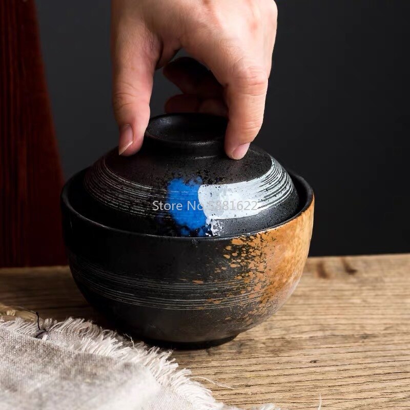 4.5/6.5 Inch Japanese Style Ceramic Dessert Stew Pot Noodle Soup Ramen Bowl Household Rice Bowl With Lid Dinnerware Set