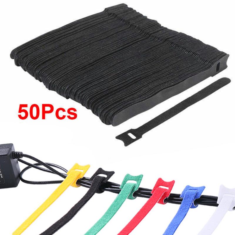 50Pcs Colour Reusable Black Cable Cord Nylon Strap Hook Loop Ties Tidy Organiser Tool Hook And Loop Cable Ties Multiple