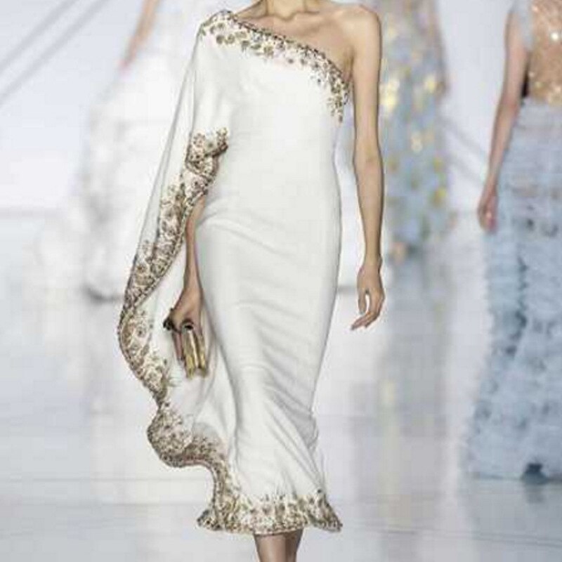 Dew Shoulder White Ankle Length Dress