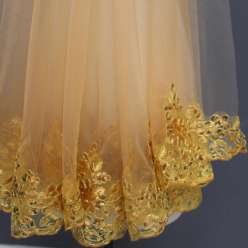 Velo de novia de encaje dorado con lentejuelas brillantes, velo de novia corto de una capa colorido con peine, accesorios de boda de gasa