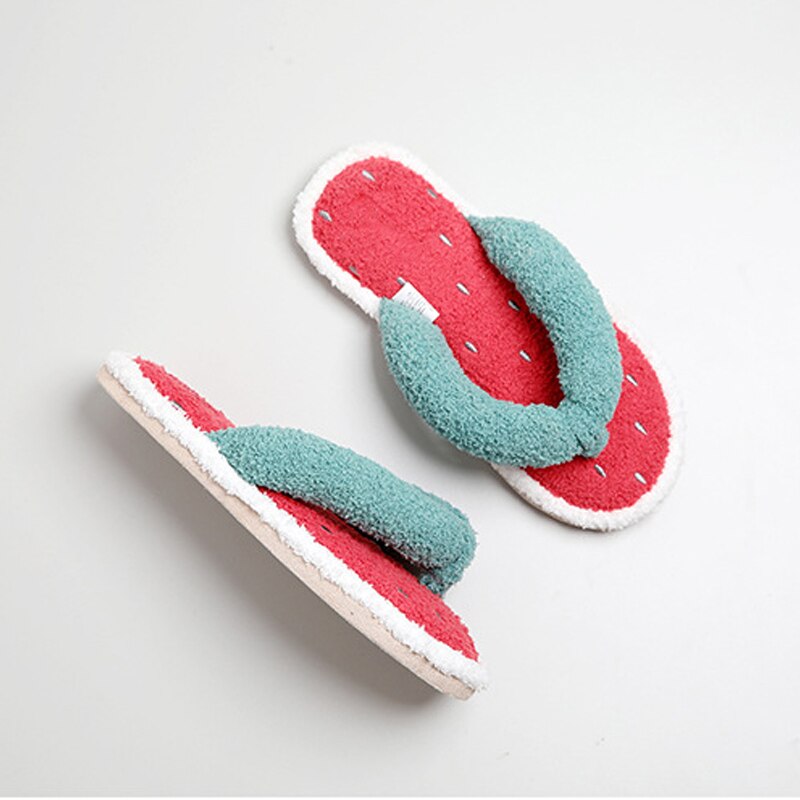Kobiety śliczne klapki japonki arbuz pluszowe wewnętrzne kapcie damskie na co dzień miękkie antypoślizgowe obuwie wygodne buty damskie jesień 2020