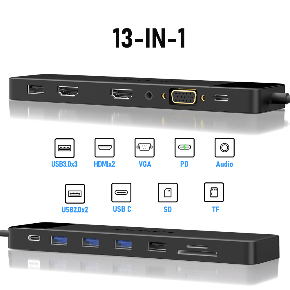 Lemorele usb-c-hub 13- -i- -1 -dockingstation 4k 30hz hdmi usb 3.0 pd100w rj45 vga sdtf usb-splitter til bærbar computer macbook pro air ipad