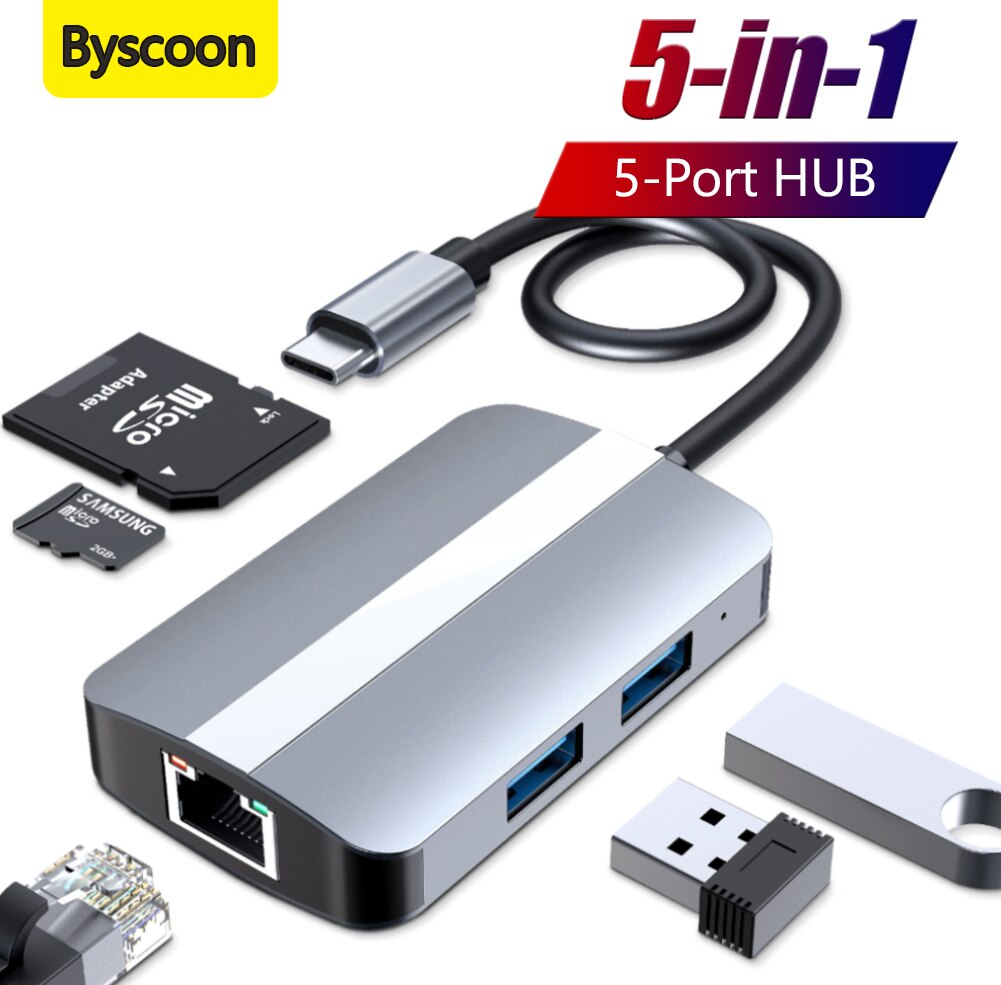 Byscoon Type C Docking Station 5-in-1 4K 30Hz Dual Screen Display 100Mbps RJ45 HUB Adapter USB 3.0 For Lenovo Yoga 5 Pro 6 Pro