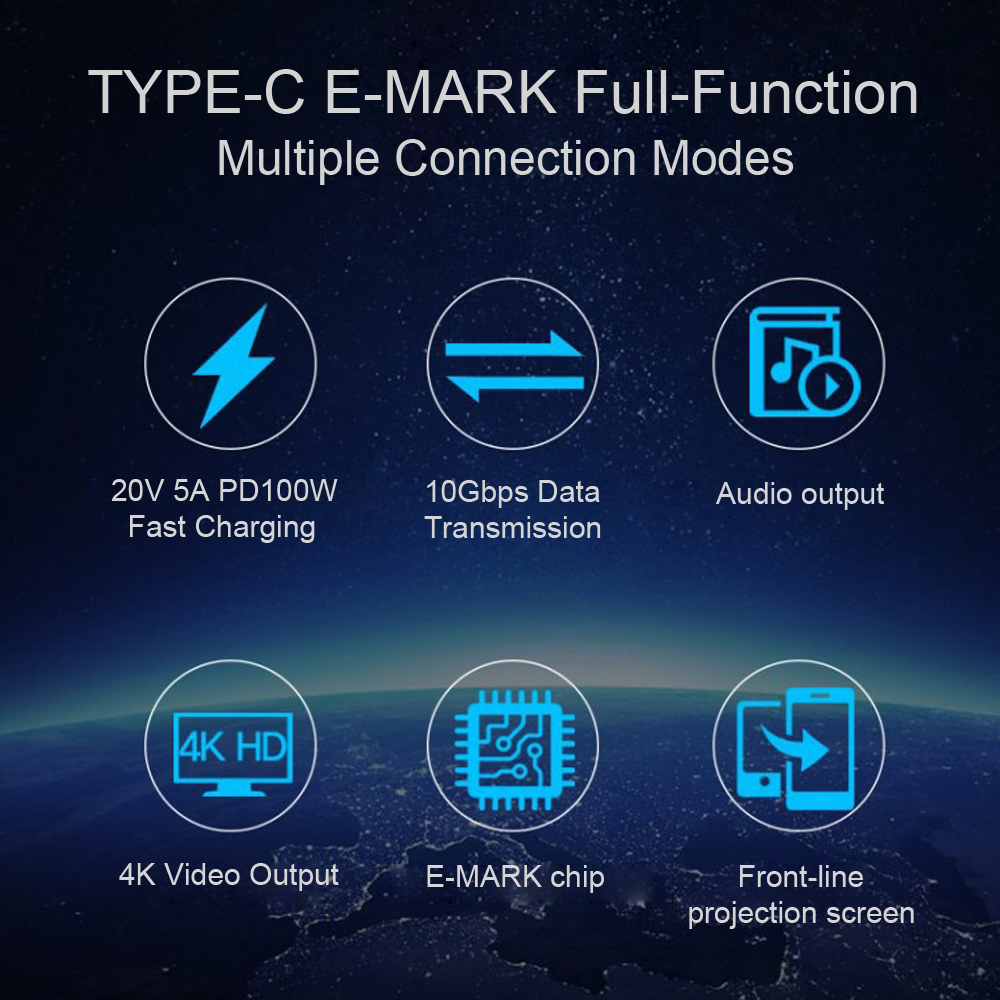 TYPE-C Volledige Functie USB C Kabel (2 m) e-MARK 5A PD 100W USB3.1 Gen2 10Gbps 4K Video Uitgangsvermogen Lijn voor Type-C Computer macBook